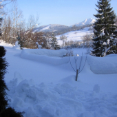 Moja zasnežená záhradka,v pozadí Rozsutec