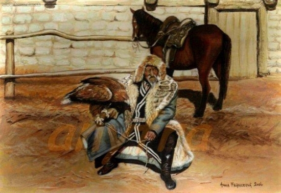 Kazachšský sokoliar s berkutom. Akryl.