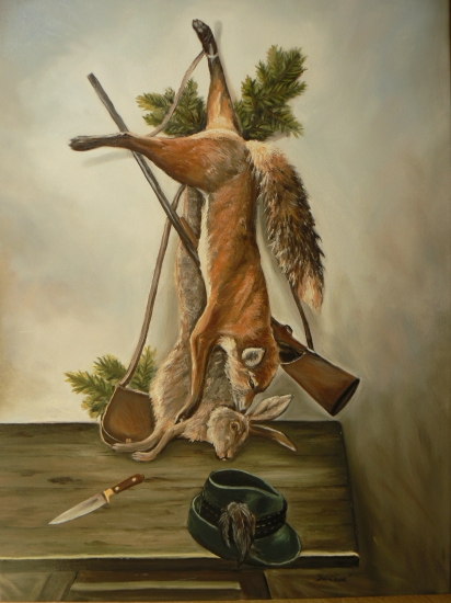 zátišie s líškou a zajacom-olej 50x70cm