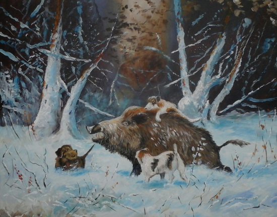 Ranený diviak so psami