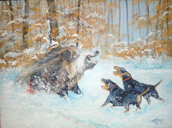 Ranený diviak s jagdterriérmi