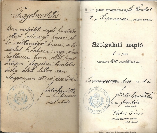 Služobný denník lesníka z roku 1903