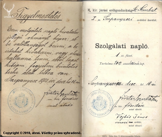 Služobný denník lesníka z roku 1903