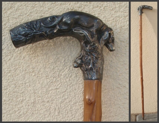 Vychádzková poľovnícka palička, rukoväť striebro, drevo drieňonica