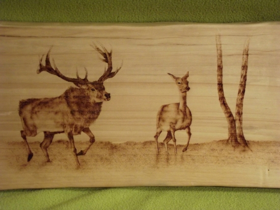 Vvpalovaný Jeleň v ruji na dreve