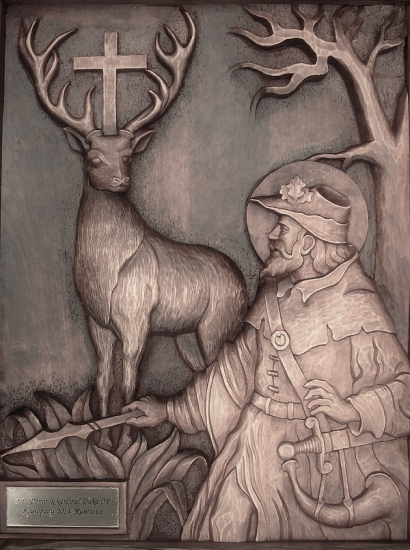 Řezba na objednávku pro kardinála Dominika Duku. Motiv sv. Huberta (Lipové dřevo)