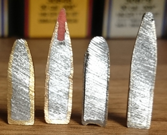 Z ľava. ..7,62mm Lapua Mega/7,62mm Hornady SST/7mm S&B-SP/6,5 mm S&B-SP