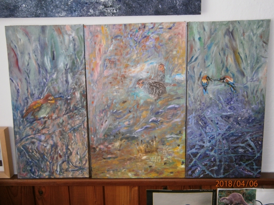 Vtáčí svet-triptych.Olej na dreve