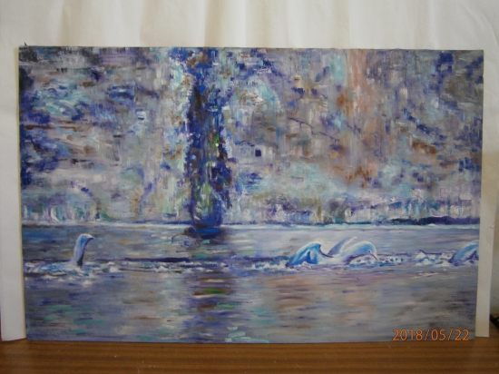 Vtáci na love.Olej na dreve