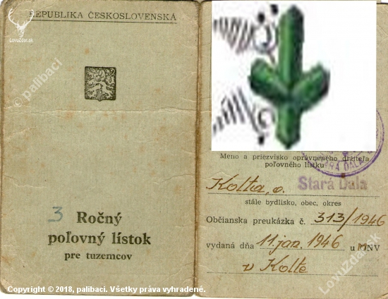 Poľovný lístok z roku1946