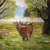 Jeleň v ohni, akryl 70x50 cm
