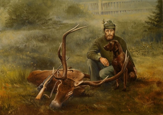 Lovecký portrét podle černobílé fotografie.