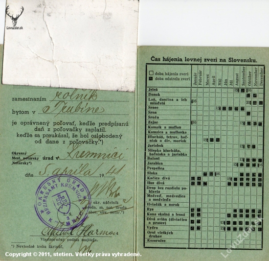 Poľovný lístok z roku 1940