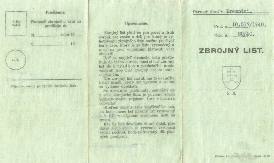Poľovný lístok z roku 1940