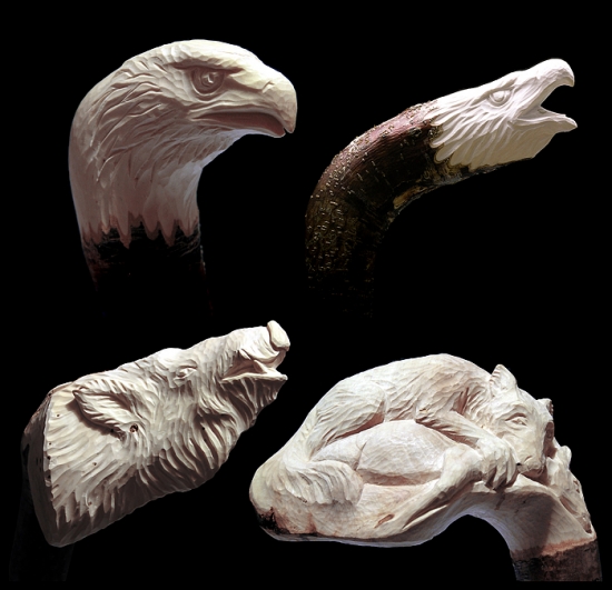 Orol, diviak a vlk- rezby na palici