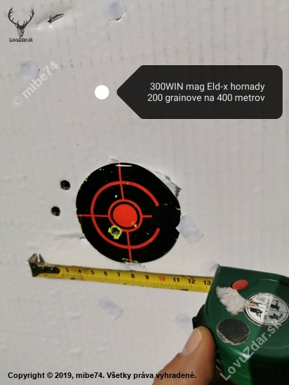 Rozptyl 300 win mag hornady 200 grain Eld-x na 400 metrov