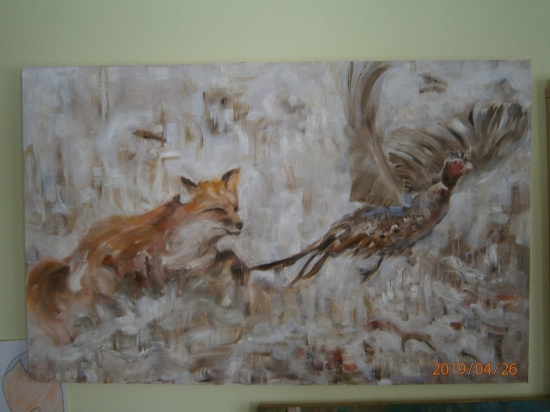 V bažantnici.Olej na dreve.