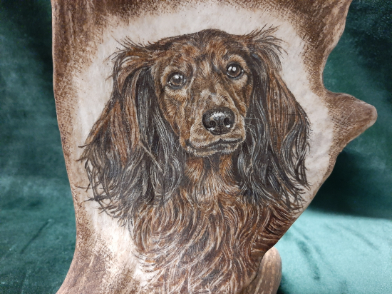 Hodiny z daňčí lopaty - jezevčík - detail motivu