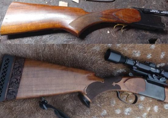 Celková úprava pažby IŽ94, prodloužení a decentní zdobení, foto před a po úpravě