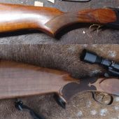 Celková úprava pažby IŽ94, prodloužení a decentní zdobení, foto před a po úpravě