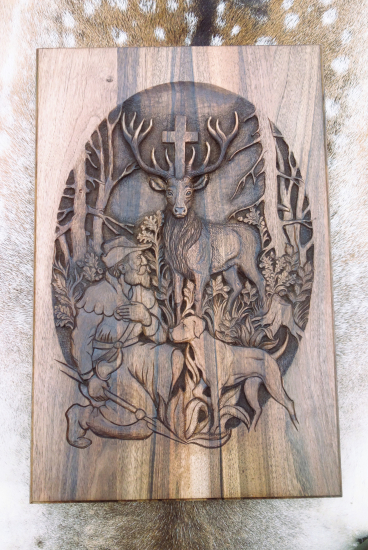 Svatý Hubert - Reliéf z ořechového dřeva 60x40cm