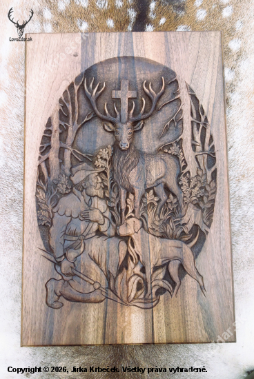 Svatý Hubert - Reliéf z ořechového dřeva 60x40cm